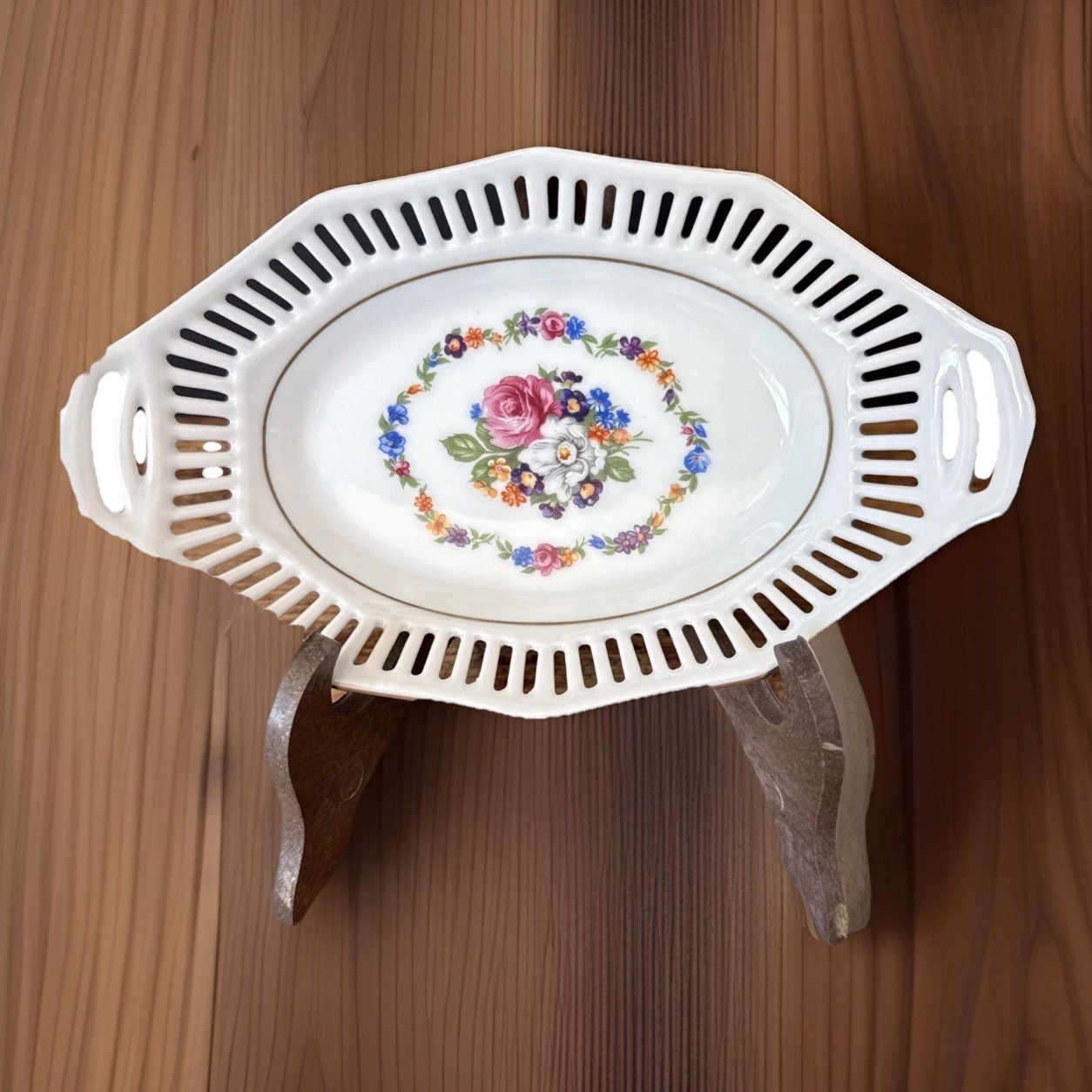 Vintage Schwarzenhammer Reticulated Gold Trim Floral Oval Dish West Germany Rare