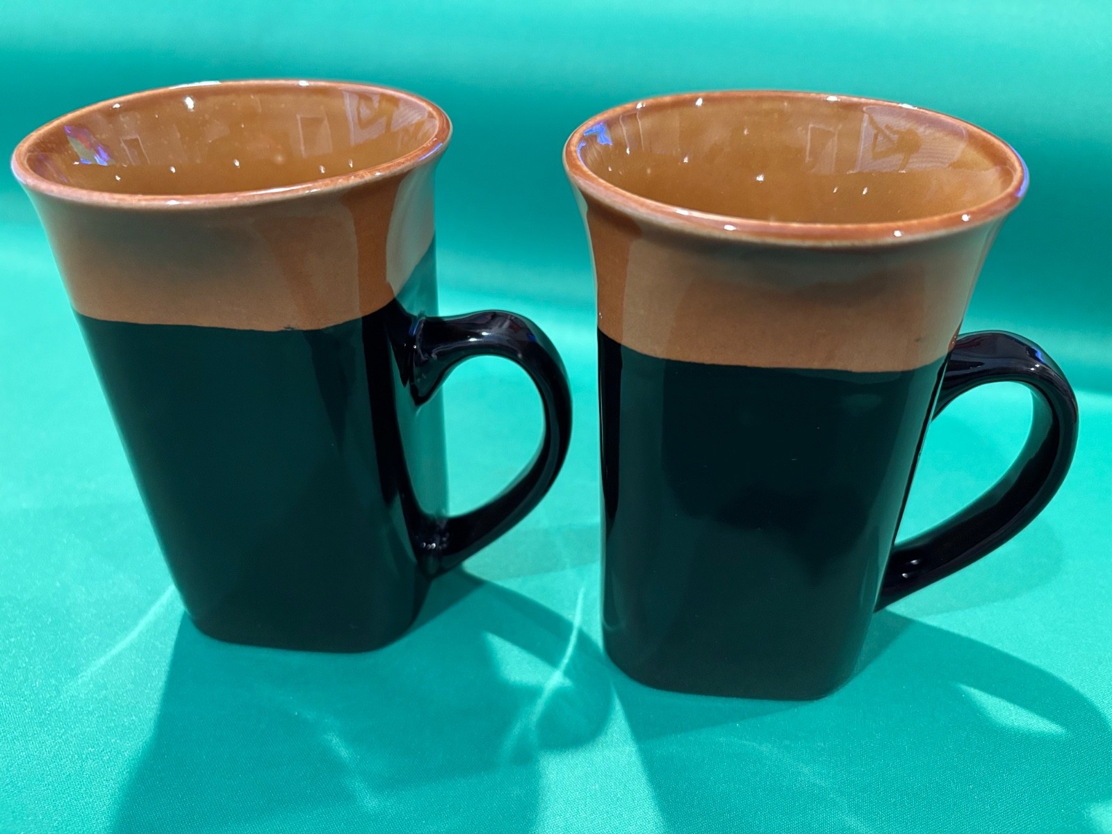 2 Royal Norfolk Black/Brown 2-Tone Western Square Coffee Mugs 14oz Stoneware