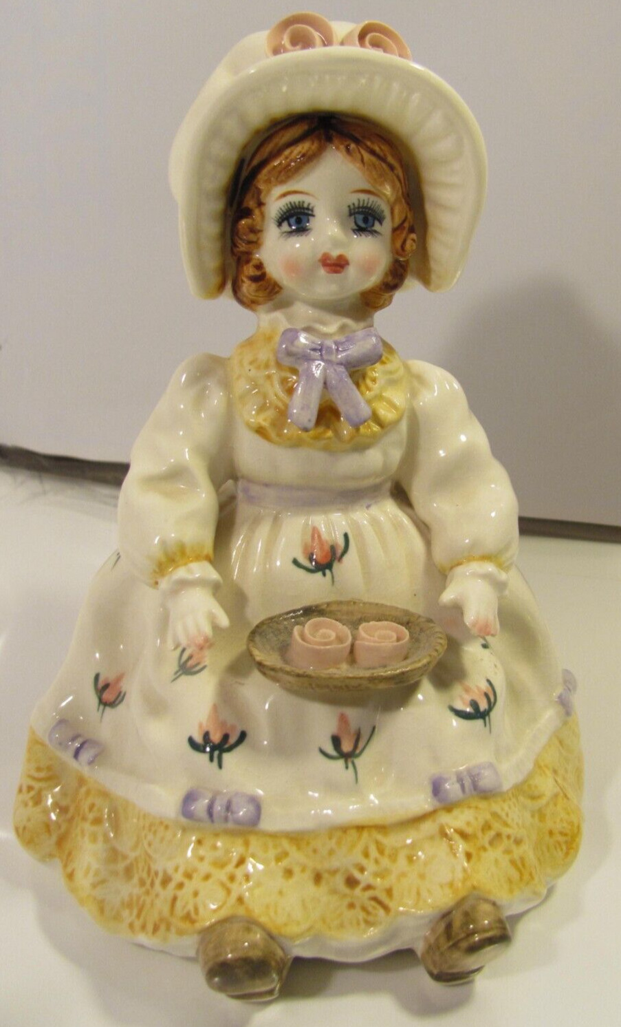 Lefton Porcelain Doll Music Box Plays Fascination Waltz Praire Flowe Girl Basket