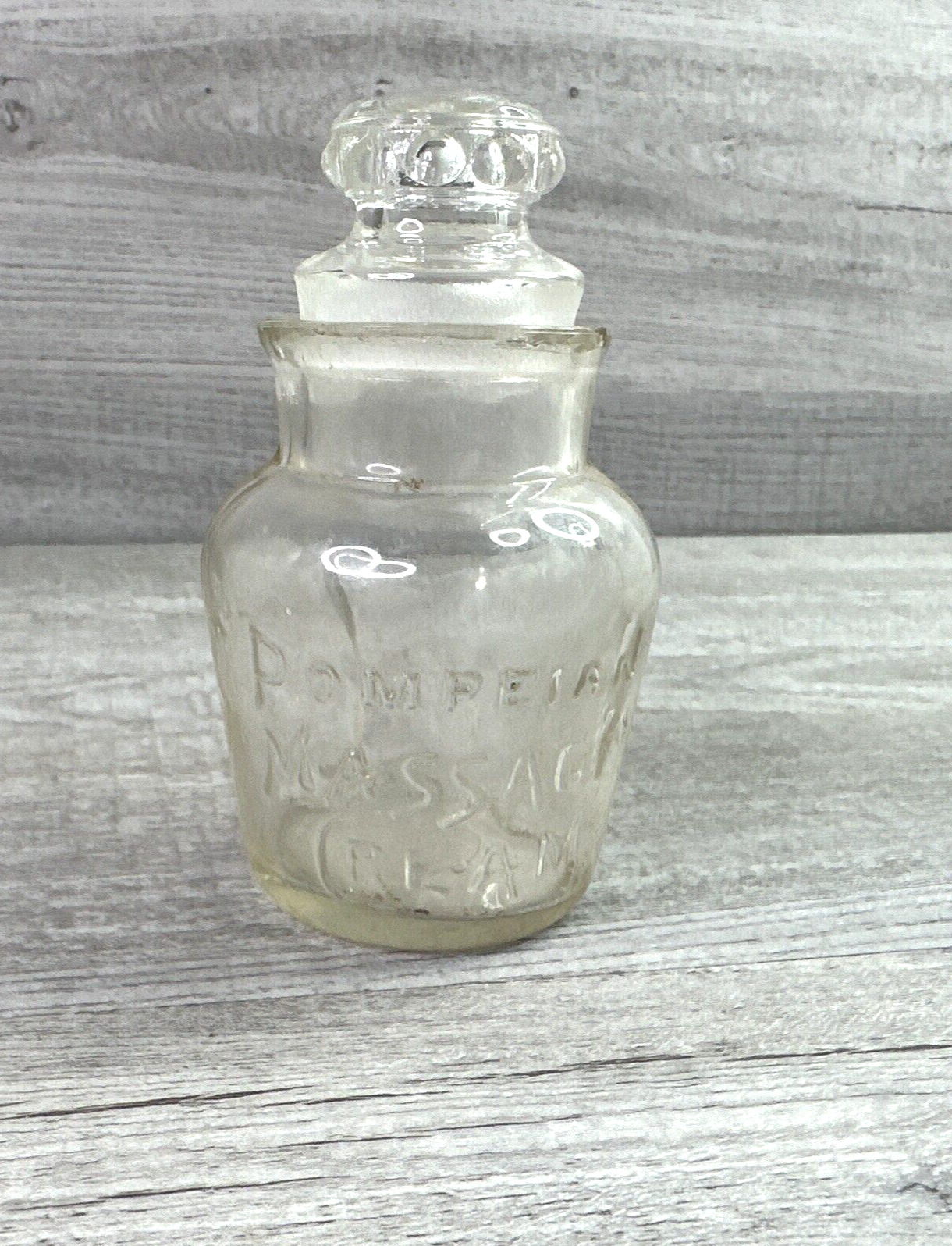 Vintage Pompeian Message Cream Jar Container w/glass Stopper 3 1/2”