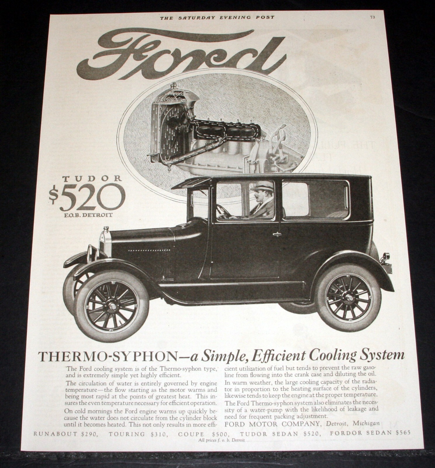 1926 OLD MAGAZINE PRINT AD, THE FORD TUDOR SEDAN, THERMO-SYPHON COOLING SYSTEM
