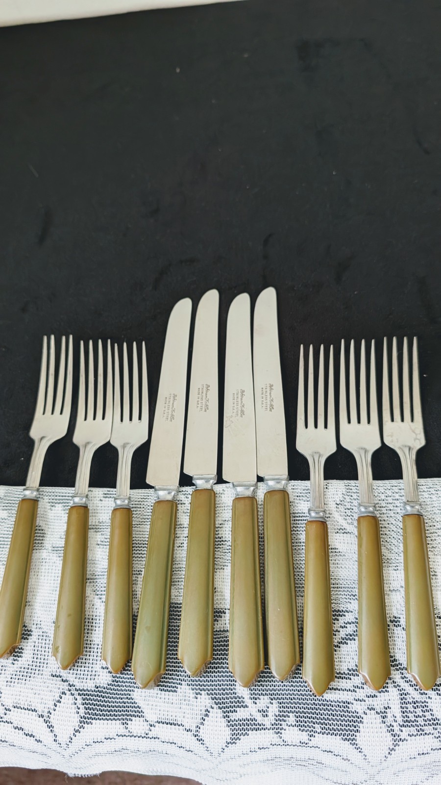 Vintage Robinson Knife Co Green Bakelite Handle Stainless Flatware