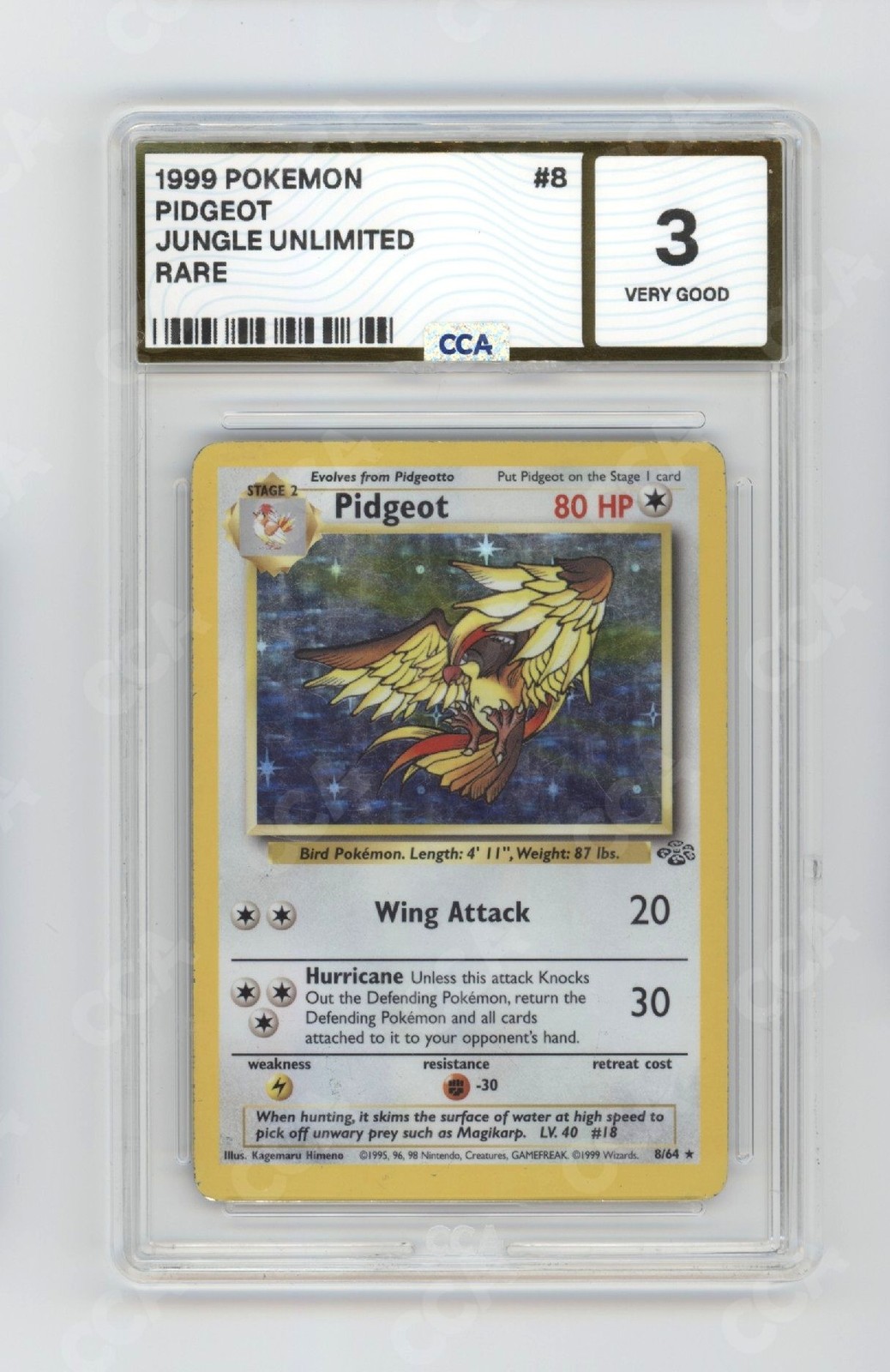 1999 Pokemon Base Set Series Jungle Unlimited Pidgeot #8 Holo CCA 3 Very Good