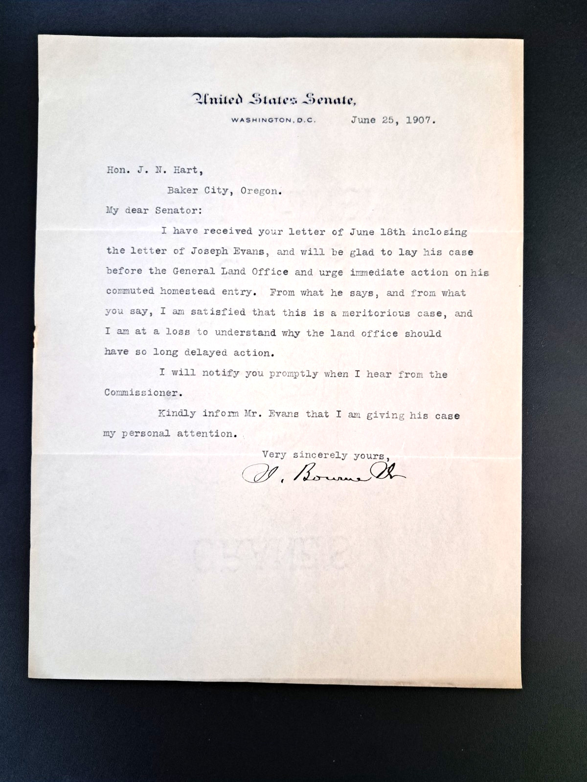 1907 US Senate Letter Jonathan Bourne Jr Oregon Senator Baker City JN Hart GLO