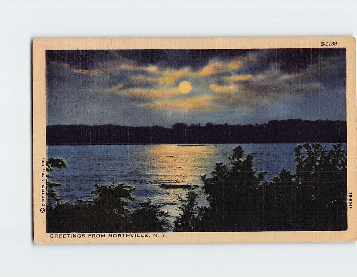 Postcard Moonlight Ocean Scene Greetings from Northville New York USA