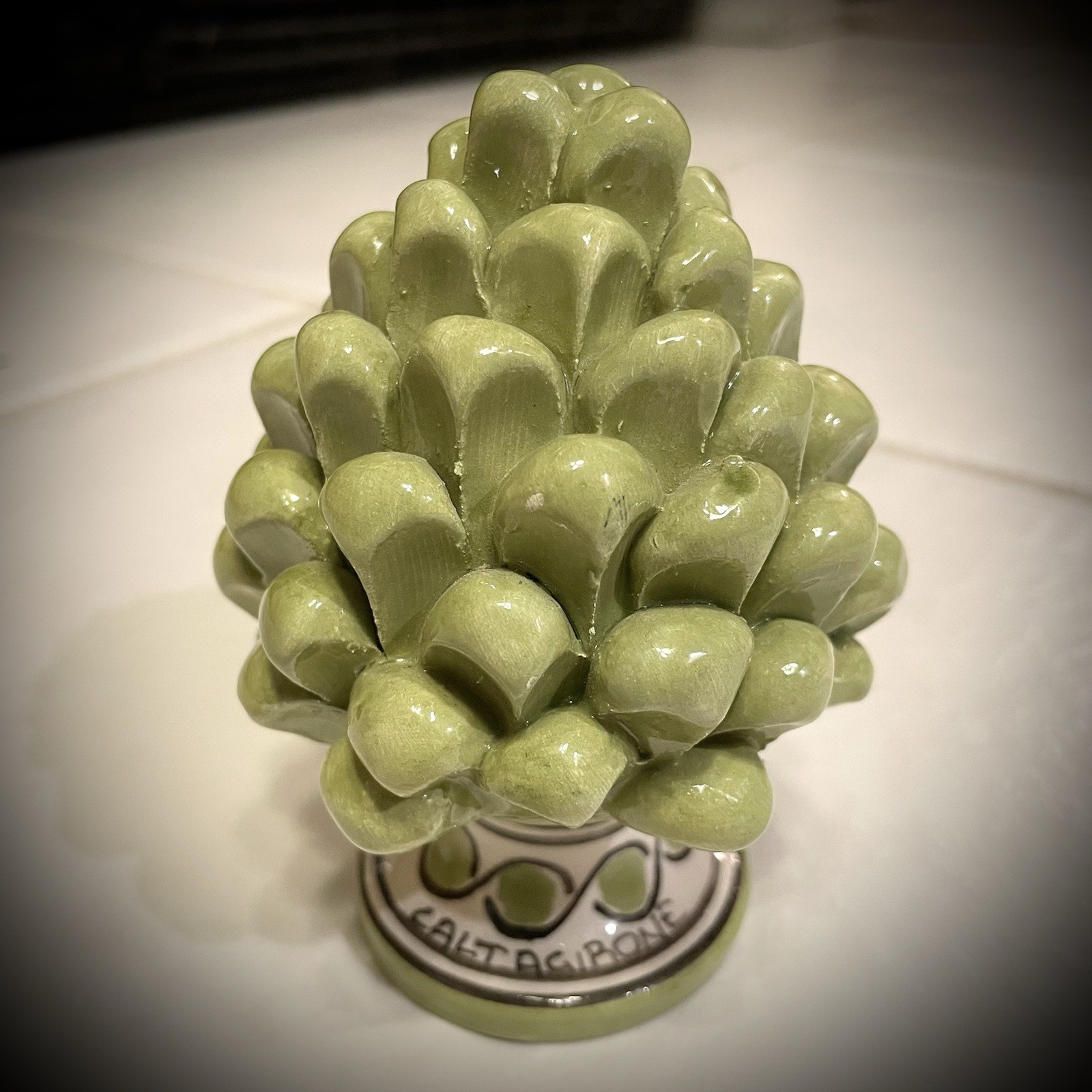 Signed Vintage M. Patrì Caltagirone Ceramic Sicilian Green Pine Cone Pigna