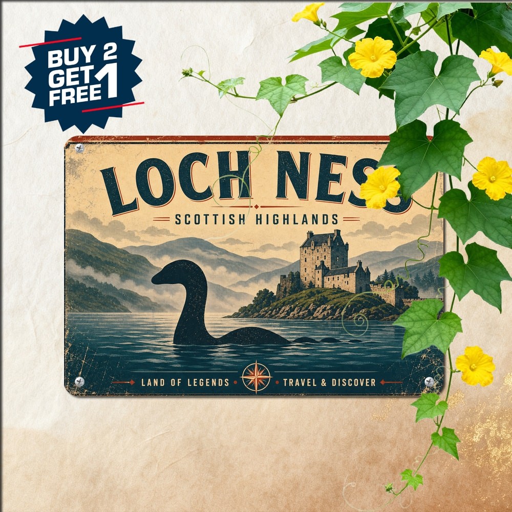 Loch Ness Scotland Retro Tin Sign Vintage Scottish Myth Travel Poster Wall Art