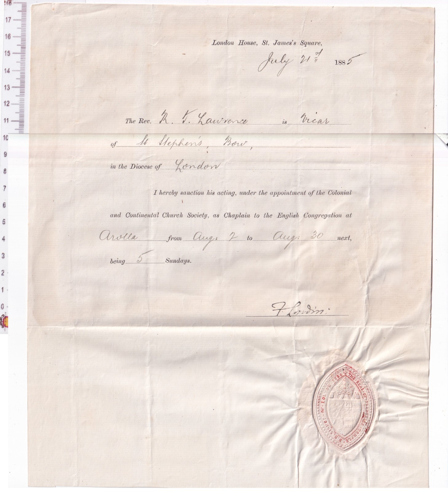 1885 Chaplaincy Licence – Frederick Temple DD – Bishop London Seal & Autograph