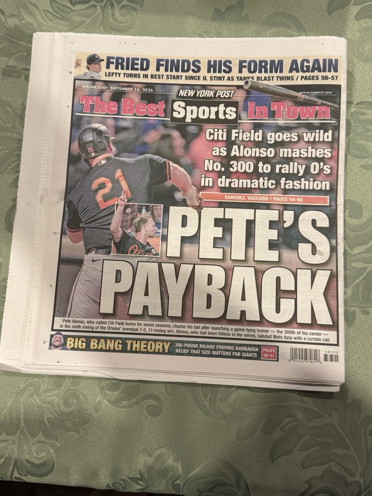 NY Post Sept 16 2026 Pete Alonso 300th HR PETE’S PAYBACK Orioles Mets