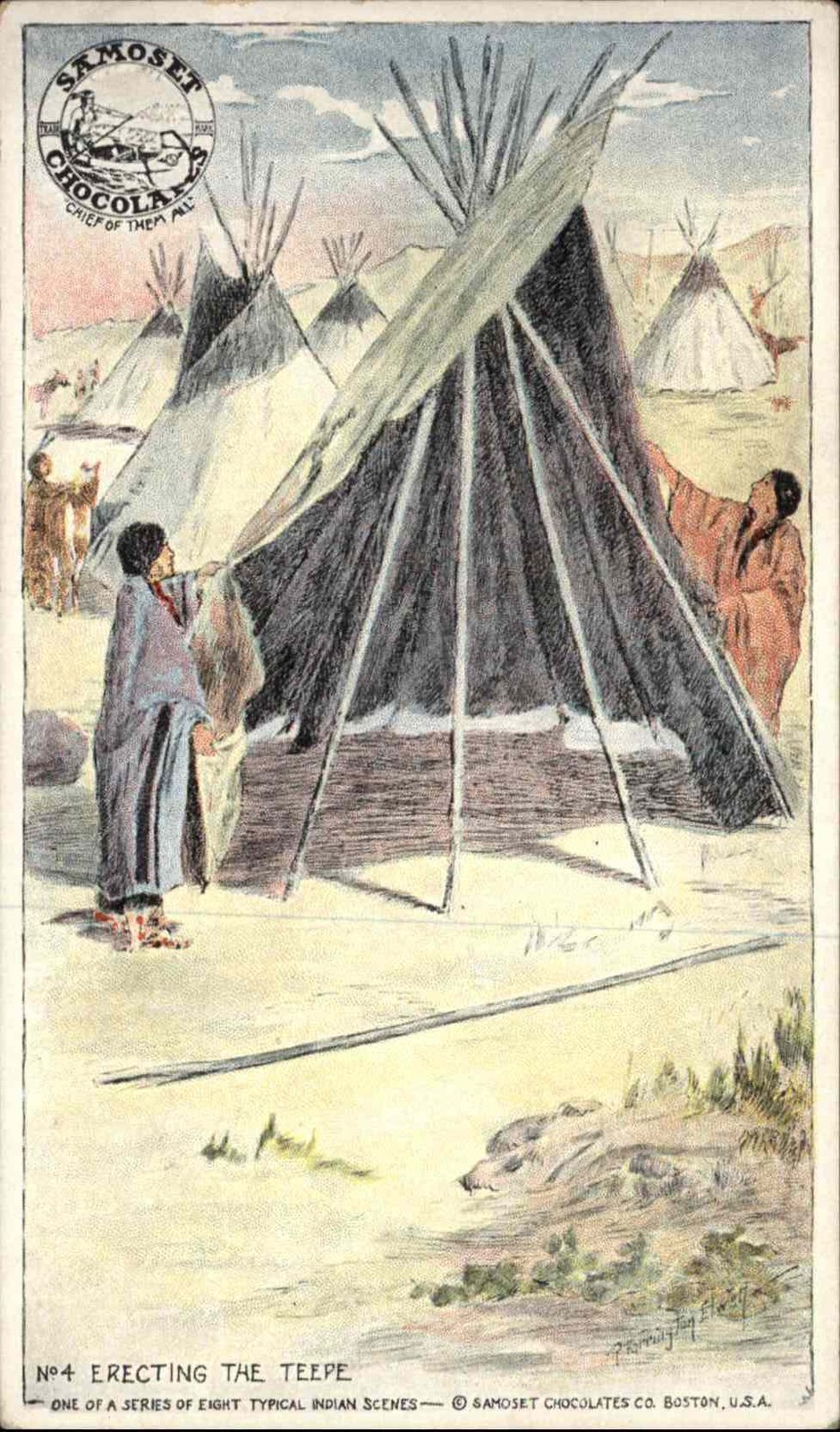 SAMOSET CHOCOLATES AD ADV American Indians Erecting Tepee Antique Postcard