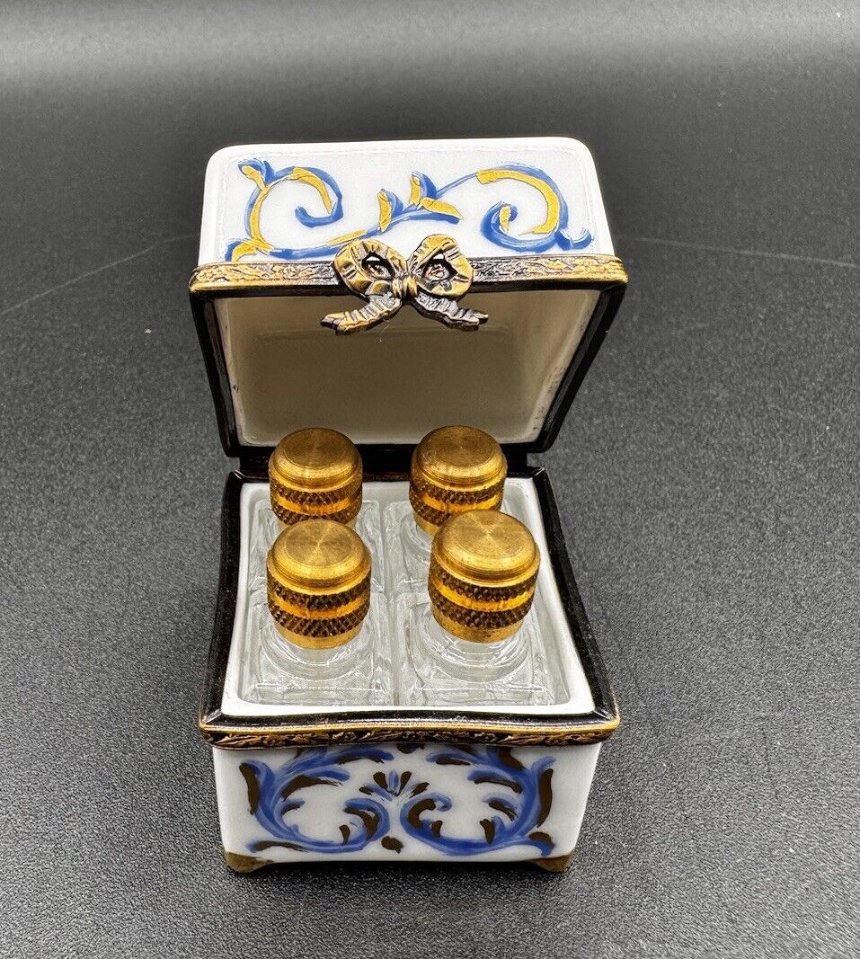 Vintage Limoges France Porcelain Blue Floral 4 Perfume Bottle Box Peint Mein