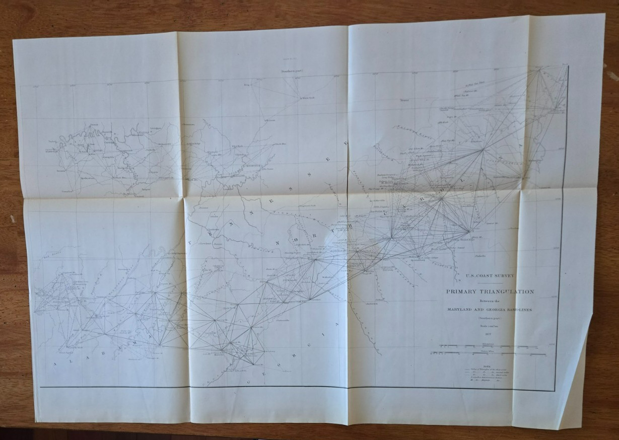 Antique 1877 US Coast Survey Map Maryland to Georgia Primary Triangulation Chart