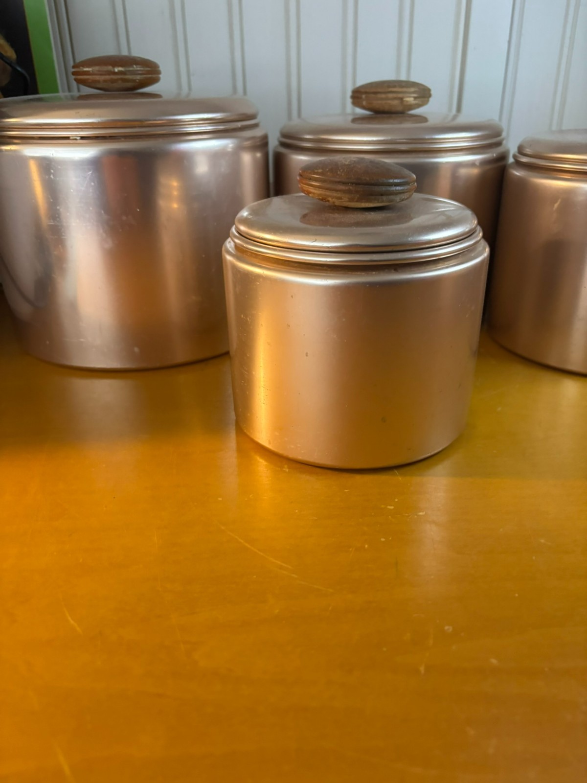 Vintage Mirro Set Of 4 Copper Tone Aluminum Canister With Wooden Knobs