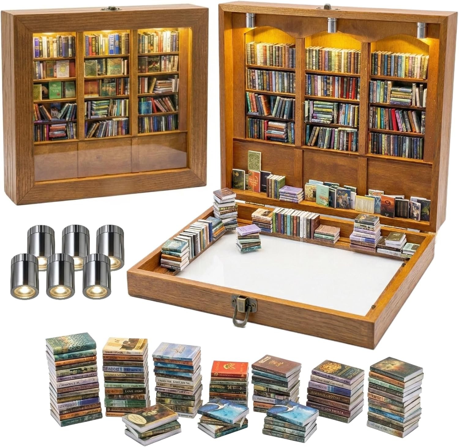 Miniature Anxiety Bookshelf with 6 Mini Lights 400 Books 10.2X9.1X3.1 Inch