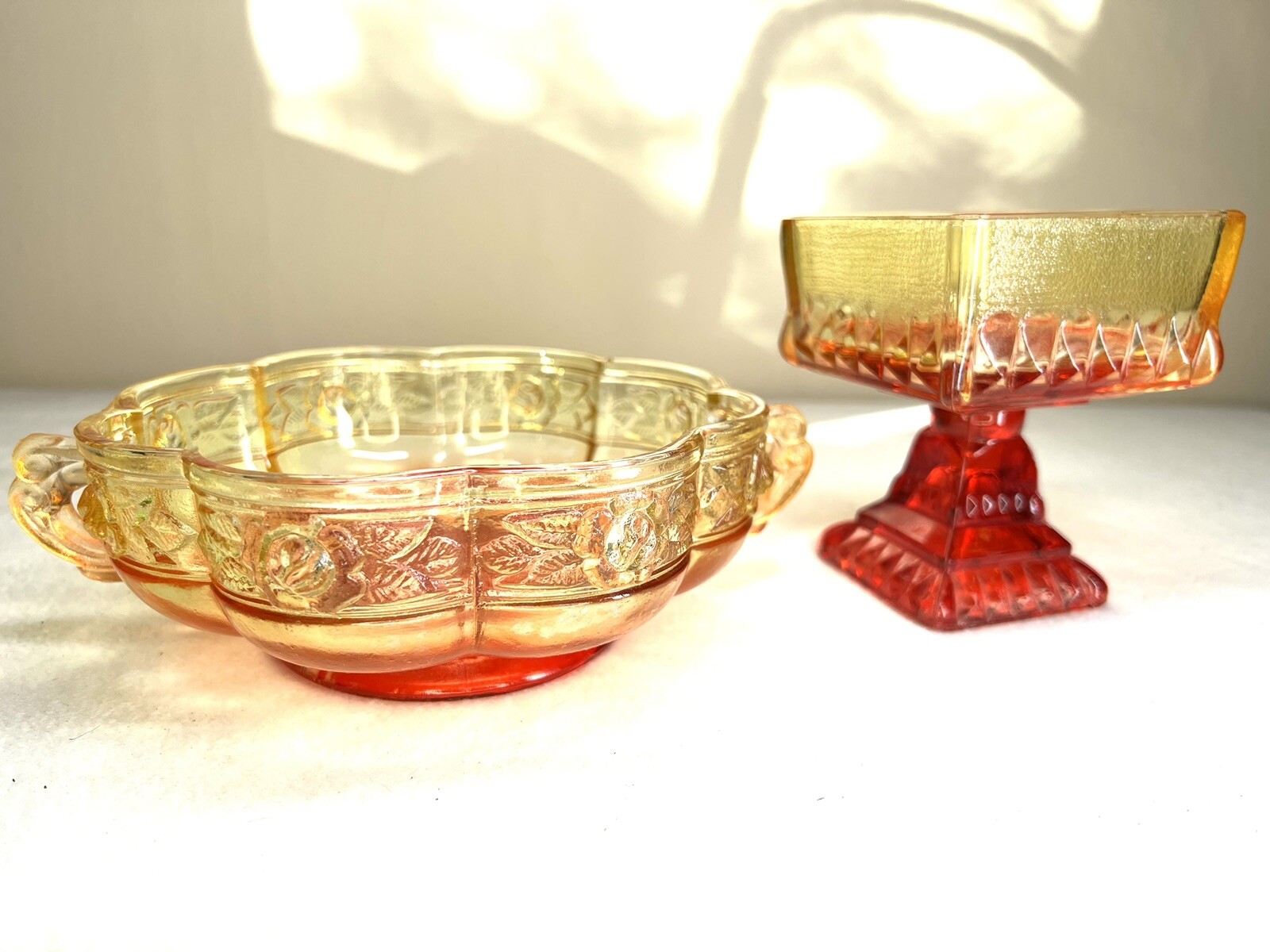Vintage Amberina Ombre Footed Glass Candy Dish Bowl Set of 2 Mid Century - Flaw
