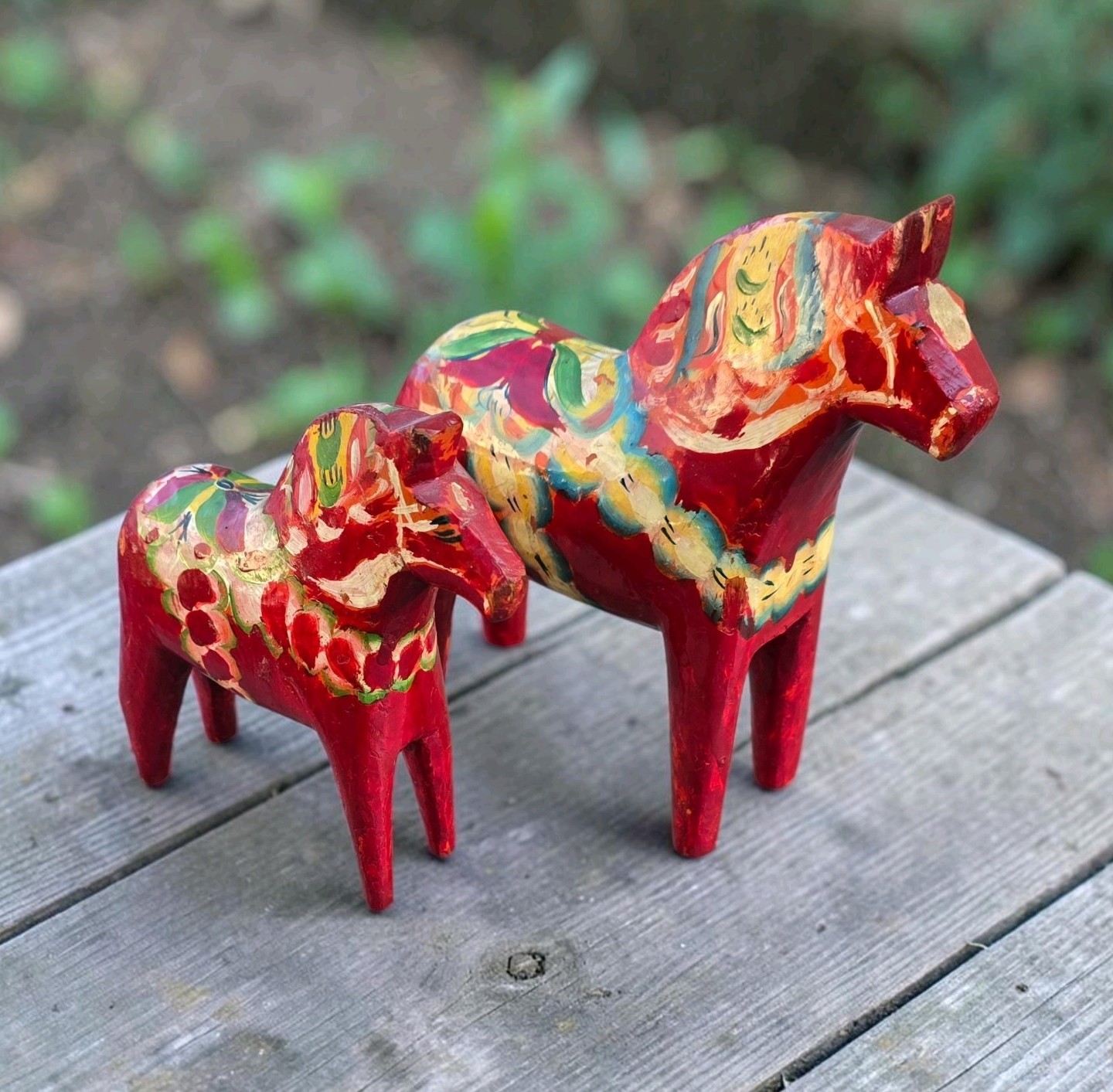 Pair of Vintage Hand Carved Wooden Red Dala Horses Handpainted Folk Art Sweden