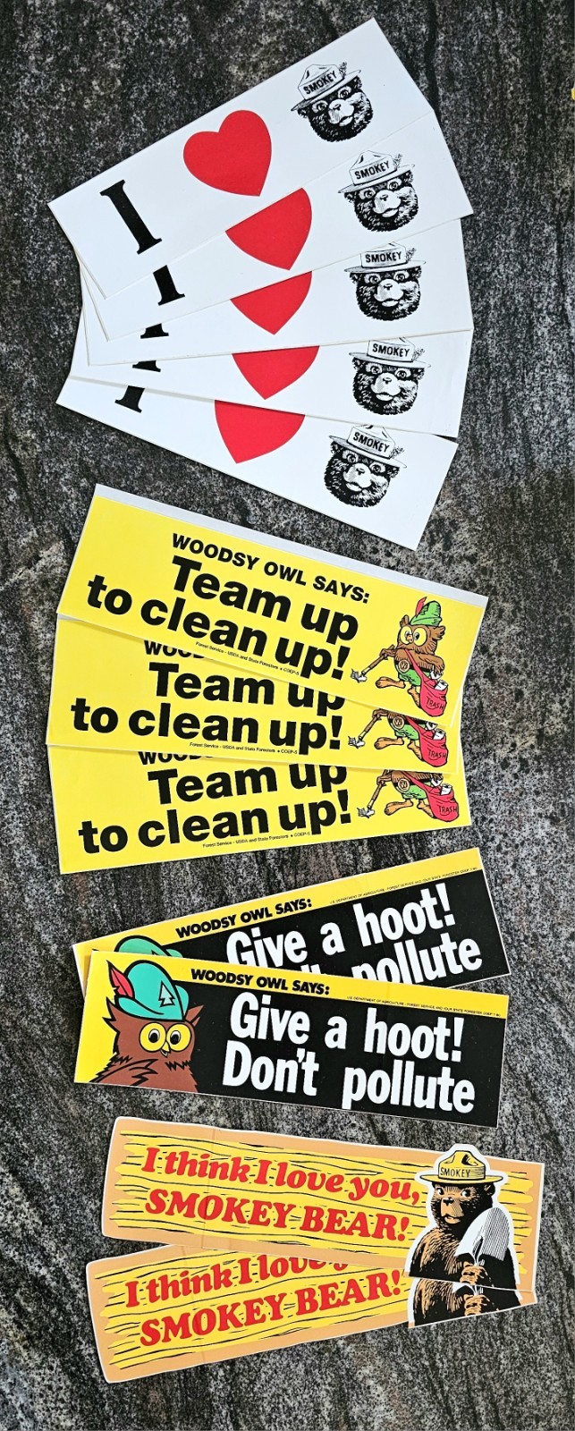 Lot of 12 Vintage Smokey Bear and Woodsy Owl Bumper Stickers, 1970s Lot of 12 Vintage Smokey Bear and Woodsy Owl Bumper Stickers, 1970s