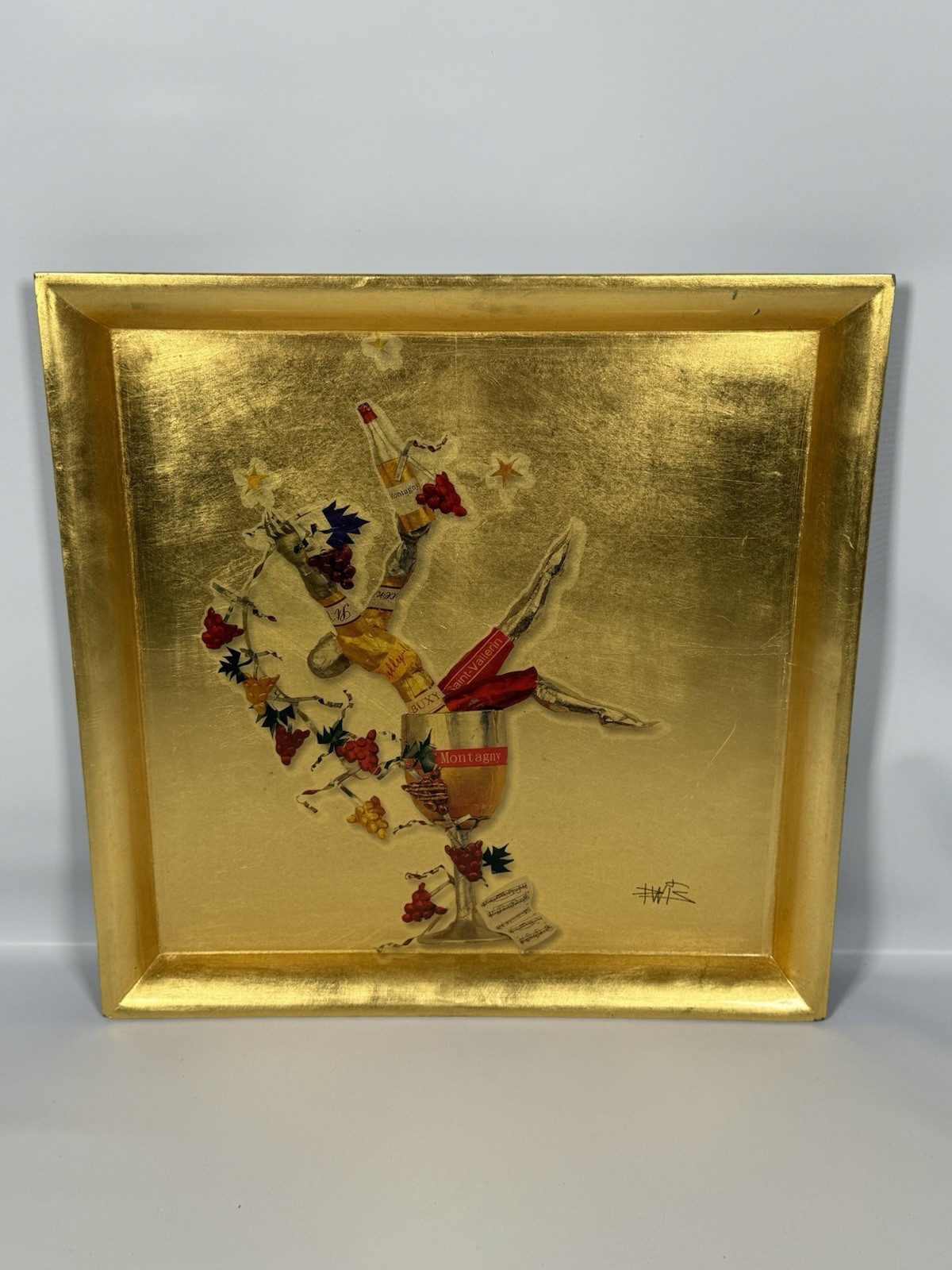 Gérard Puvis Collection Gold-Leaf Art Tray - Mixed Media Collage & Wine Theme