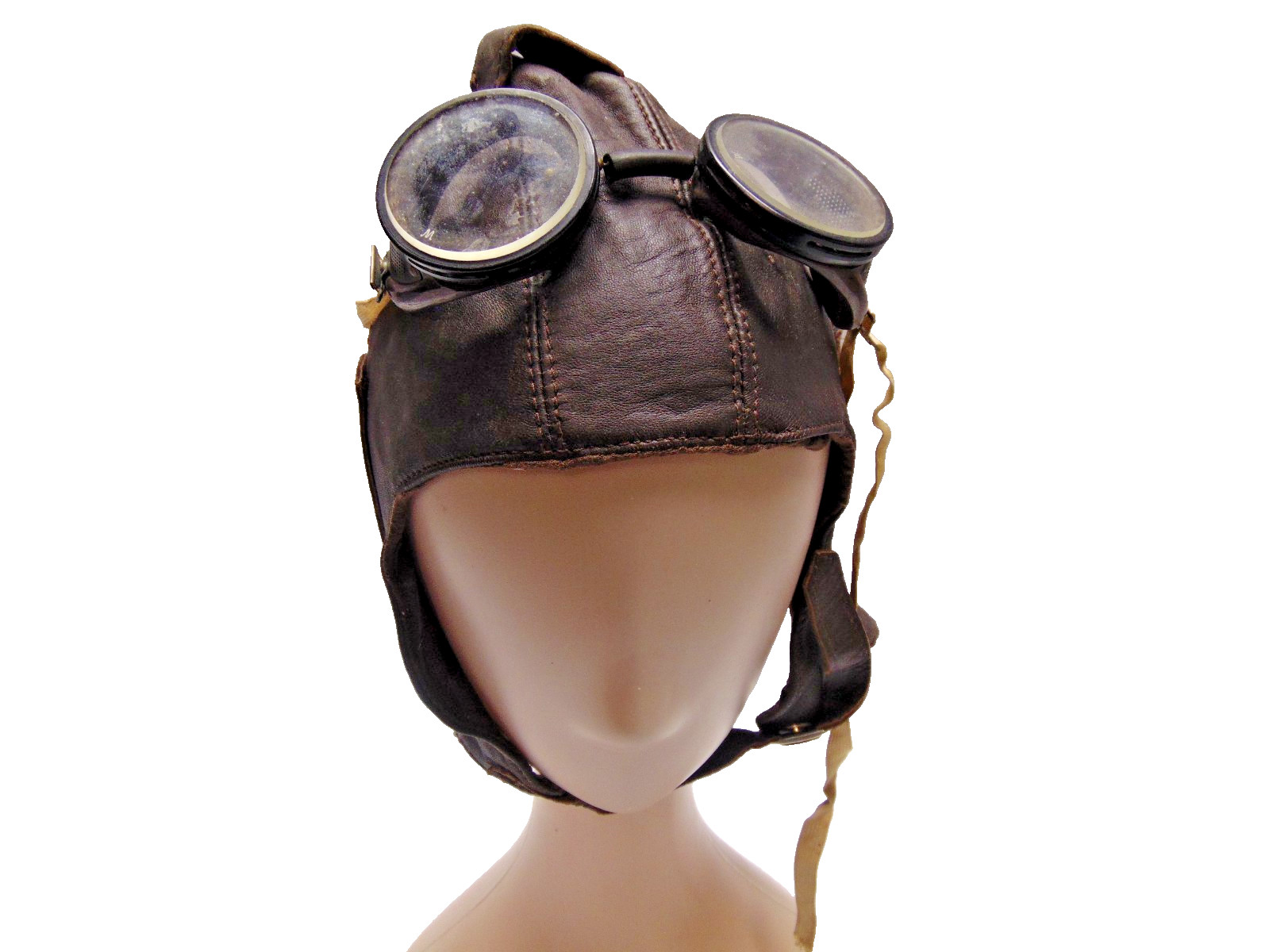 vintage brown leather aviator helmet with round tinted goggles chin strap W