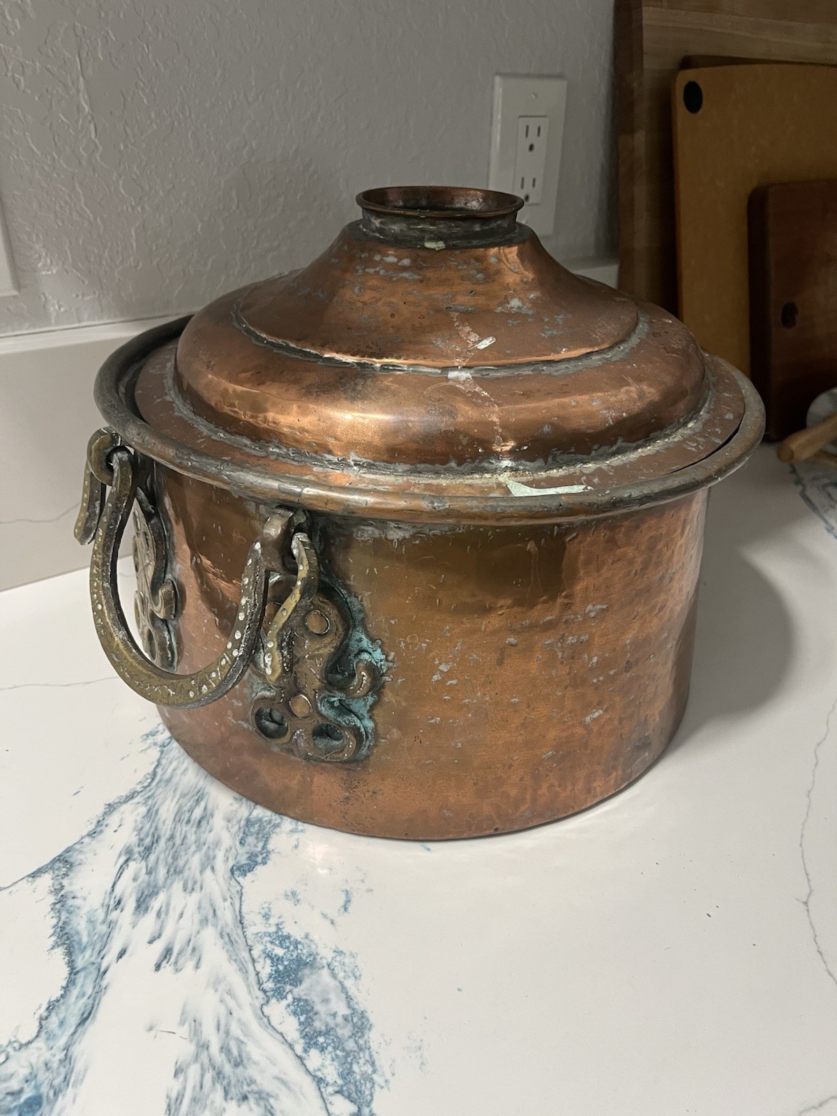 Vintage LARGE Hammered Copper Tinned Pot with Ornate Brass Handles Dutch Lid