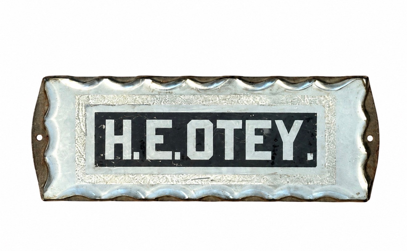 Antique Reverse Painted Glass Name Plate Sign H.E. OTEY Beveled Door Plaque