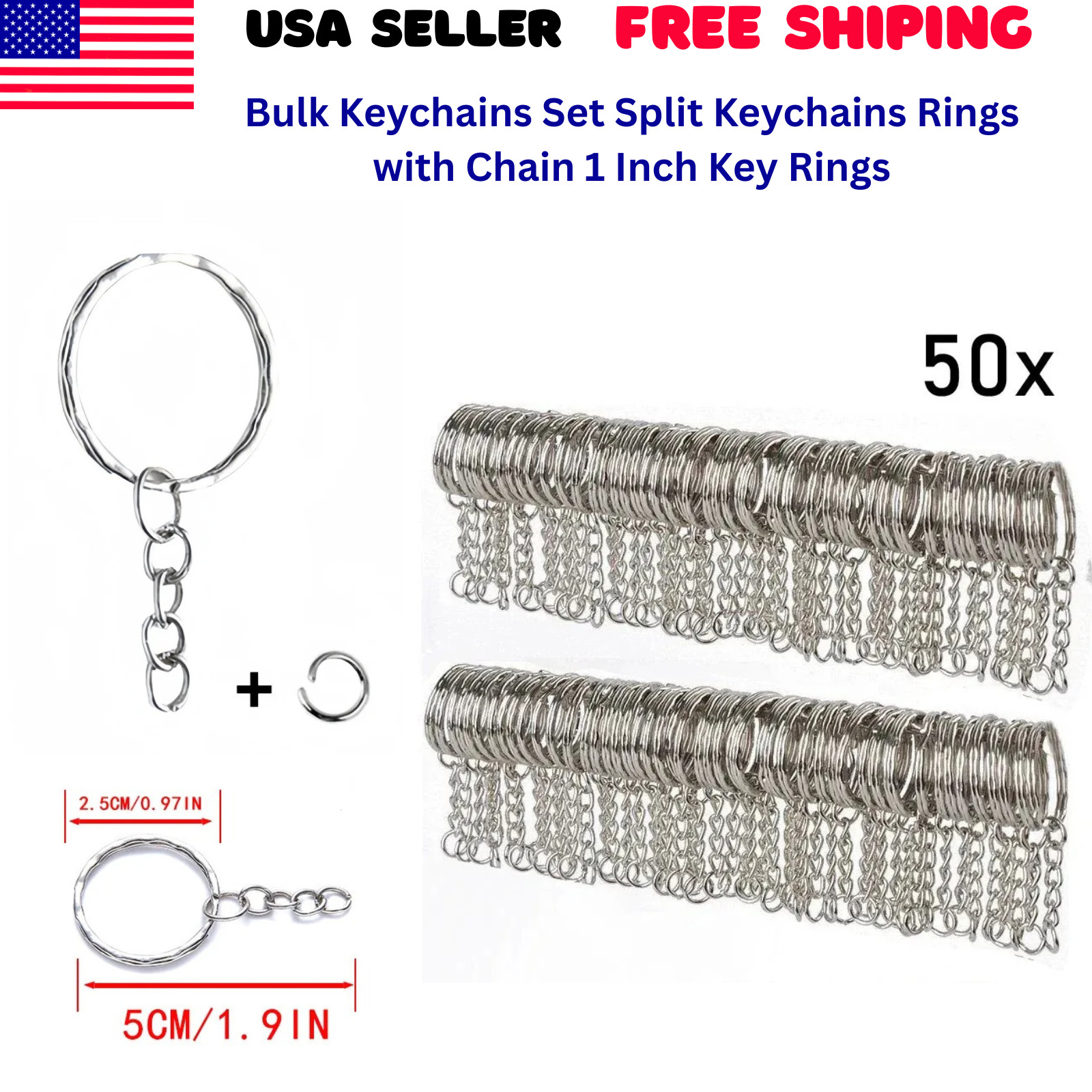 50PCS Bulk Keychains Set Split Keychains Rings with Chain 1 Inch Key Rings