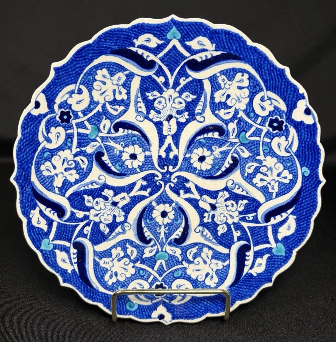 VTG Hand Painted Turkish Kütahya Ceramic Plate Blue White Floral Wall Hanging 7”