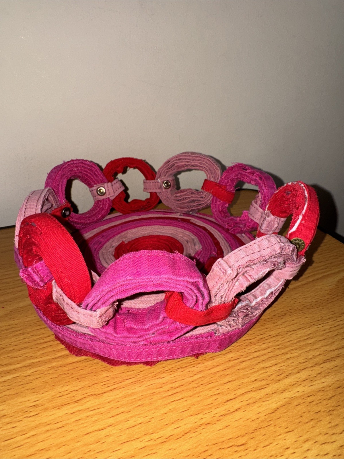 Unique Upcycled Red & Pink Jeans Basket Round Shape Eco Forever Flower Gift