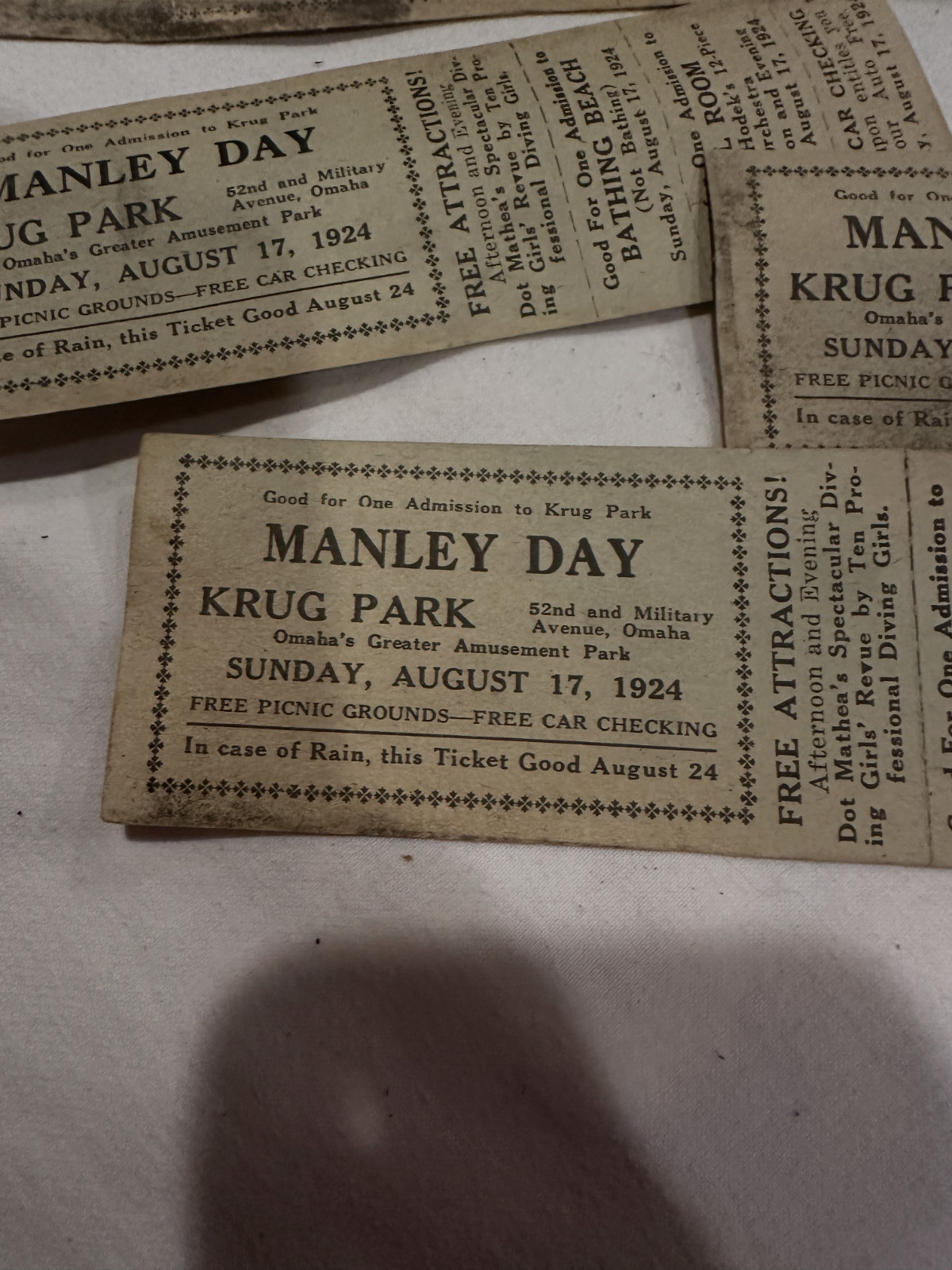 1924 Krug Park Omaha NE Manley Day 9 Complete Tickets Coupons Rare Nebraska