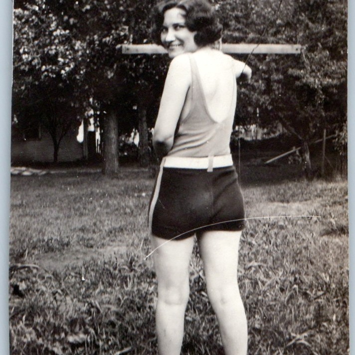 c1930s Cute Young Woman Swimsuit Snapshot Photo Outdoor Yard Fashion Vtg 3\