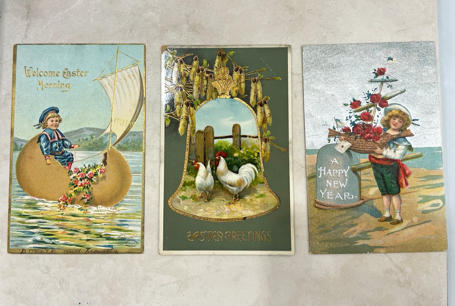 3x 1910s Embossed Easter Holiday Postcards Rare Eggboat