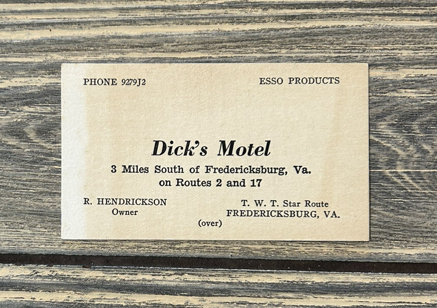 Vintage Dick Motel Fredericksburg VA R Hendrickson Business Card Vintage Dick Motel Fredericksburg VA R Hendrickson Business Card