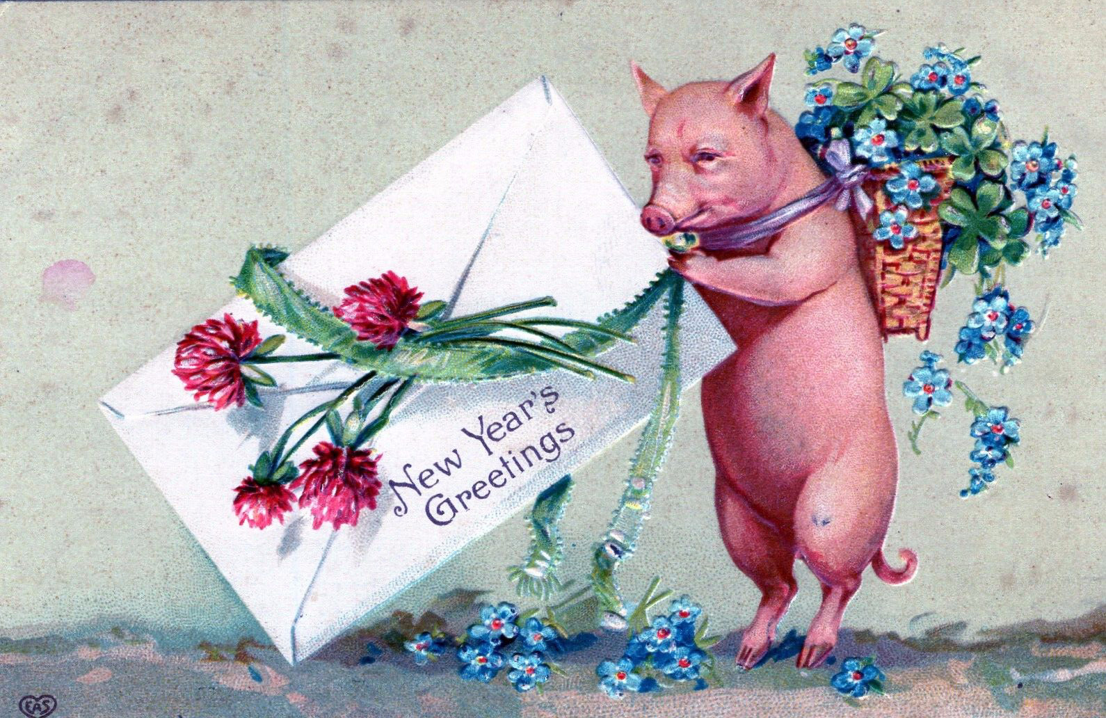 New Year's Postcard Wise-looking Pig Bringing Flowers and a Large Card