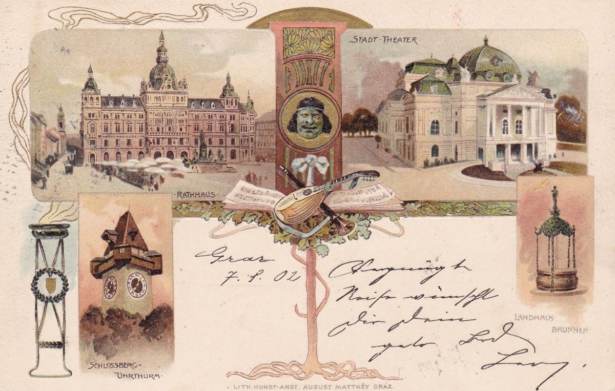GRAZ - Art Nouveau multi-picture litho gold print Kunstanstalt August Matthey...