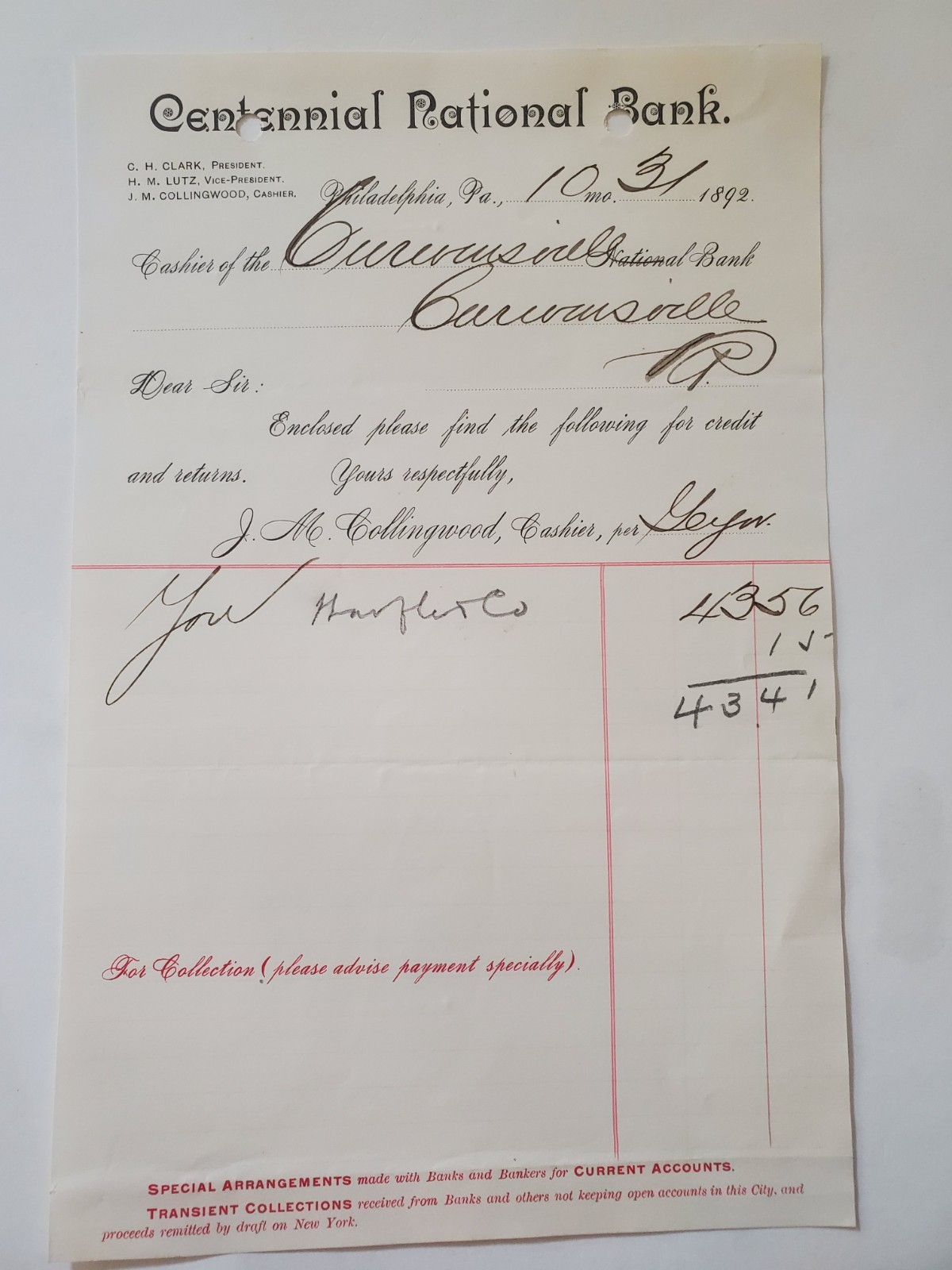 1892 Document, Centennial National Bank, Philadelphia, PA 1892 Document, Centennial National Bank, Philadelphia, PA