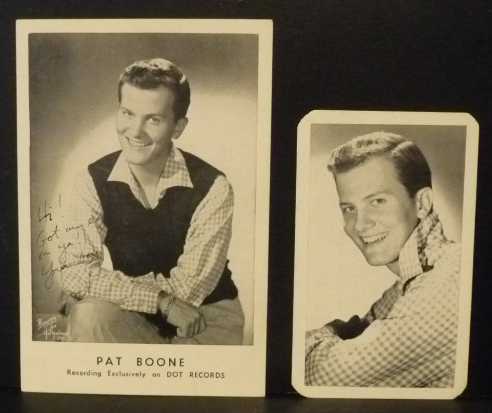 Lot of 2 Authentic PAT BOONE Fan Club Cards EX-NM Facsimile Autographs c 1960