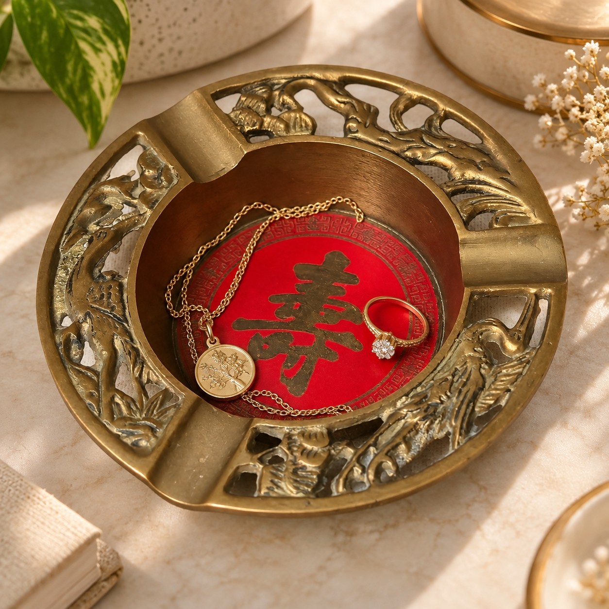 Vintage Chinese Shou Longevity Symbol Brass Ashtray Catchall Dish Red Gold Crane