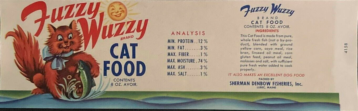 Cat Lovers - Small Vintage Fuzzy Wuzzy Cat Food Label Wild Cat Fishing-1960s NOS