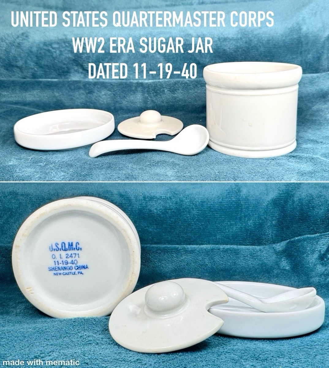 Vintage WW2 Military USQMC Shenango China Ceramic Sugar Jar, Lid, Spoon 11-19-40 Vintage WW2 Military USQMC Shenango China Ceramic Sugar Jar, Lid, Spoon 11-19-40