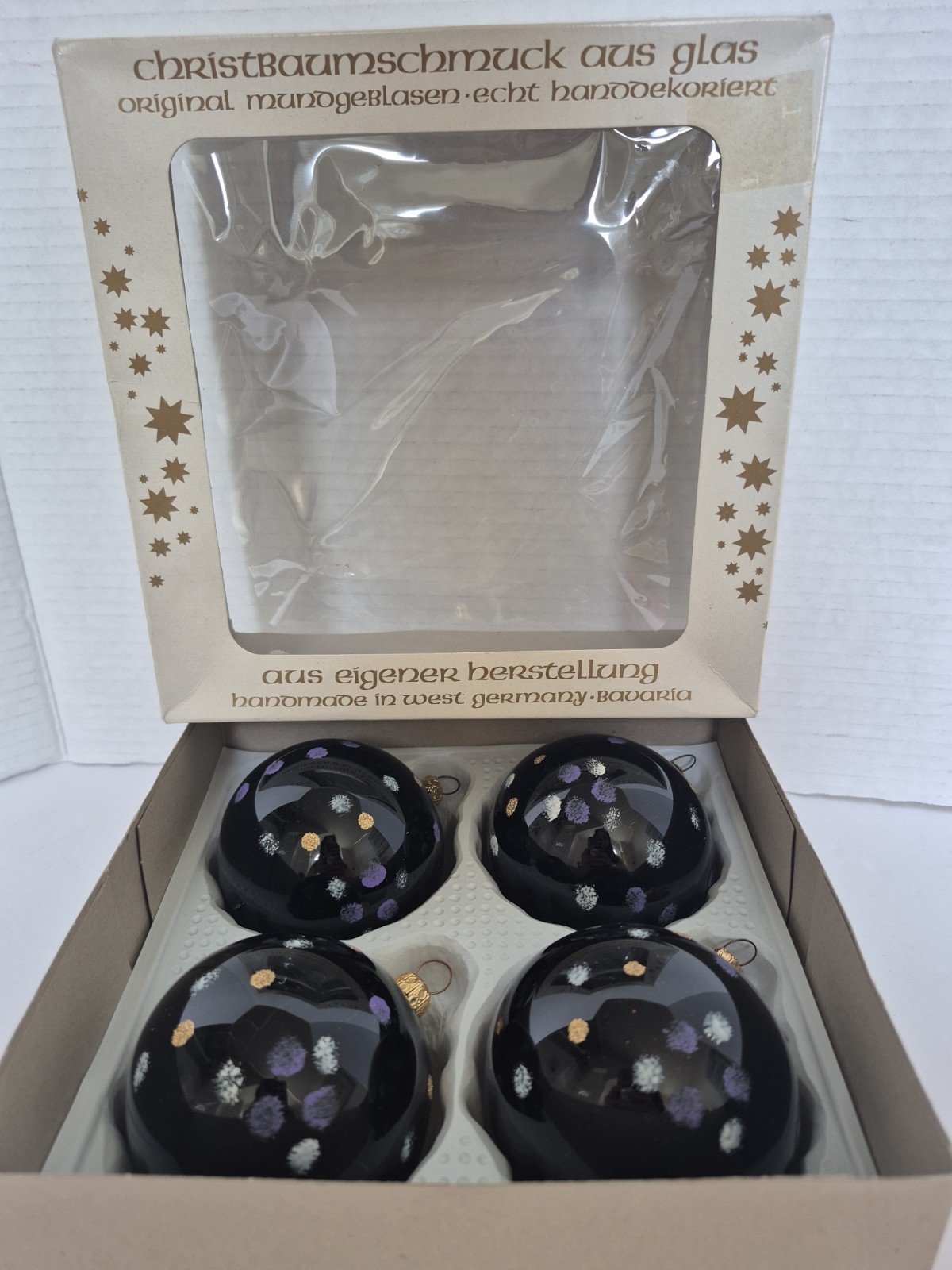 4 Vintage WEGNER Christmas Ornaments Polka Dots Blown Glass Round West Germany