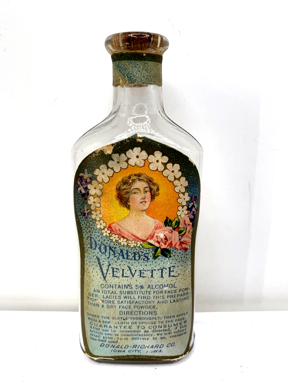 Beautiful Antique perfumed liquid powder bottle. Donald’s Velvette. Early 1900s