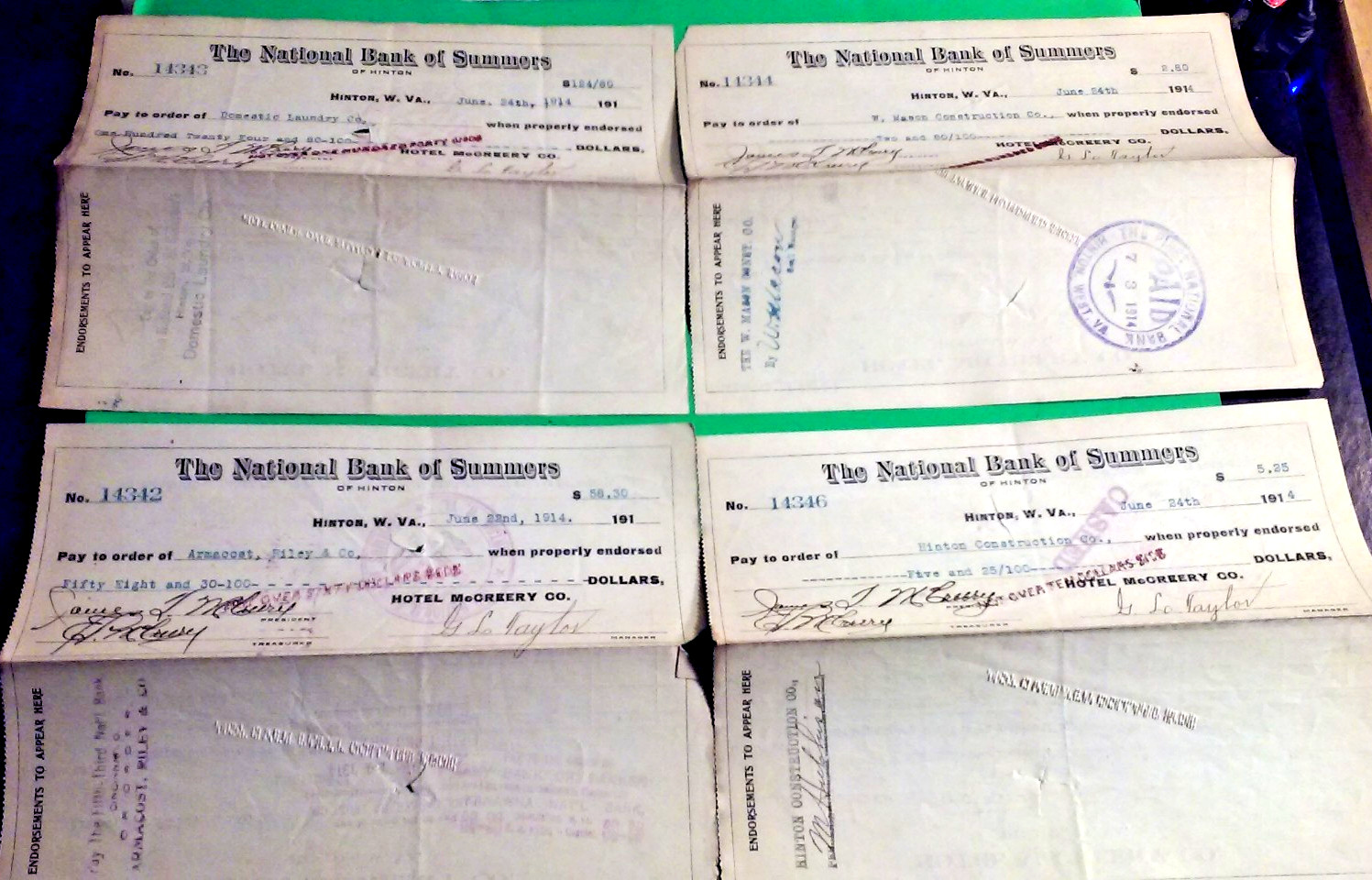4 1914 Canceled Checks &Invoices Hotel McCreery HInton WV /National Bank Summers