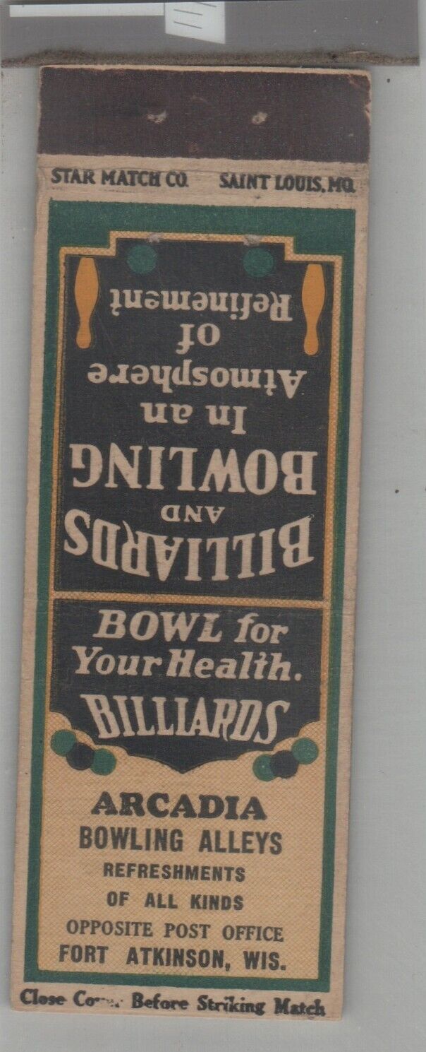 Matchbook Cover 1930s Star Match Co Billiards & Bowling Fort Atkinson, WI