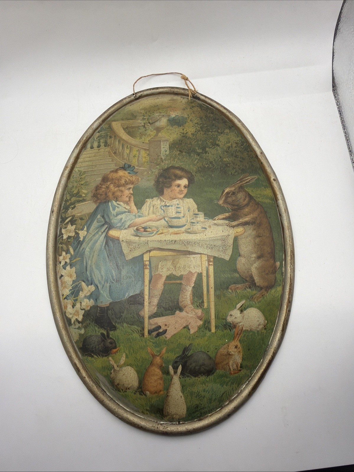 Antique C D Kenny Tin Litho Plaque Little Girls having a Tea Party w/ Rabbits