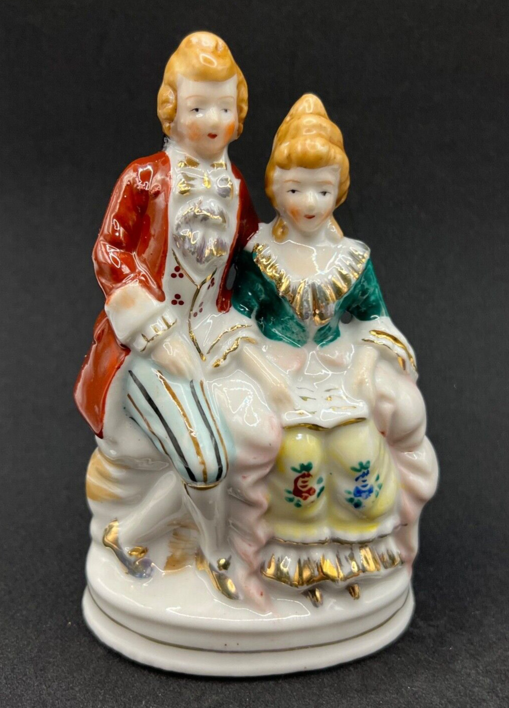 Vintage Occupied Japan Porcelain Colonial Courting Couple Sitting Bench Figurine