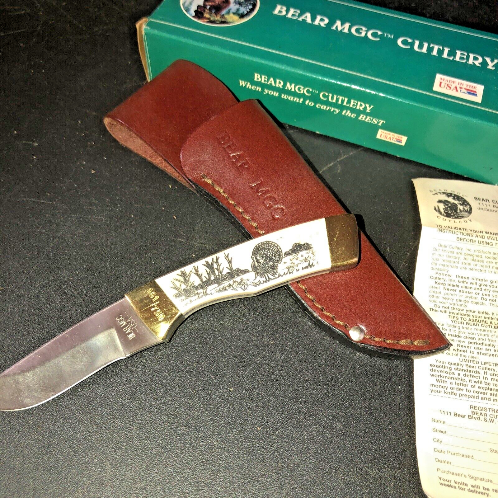 BEAR MGC SONS USA SCRIMSHAW BONE HUNTING KNIFE LIMITED ED 161/750 TURKEY HUNTER