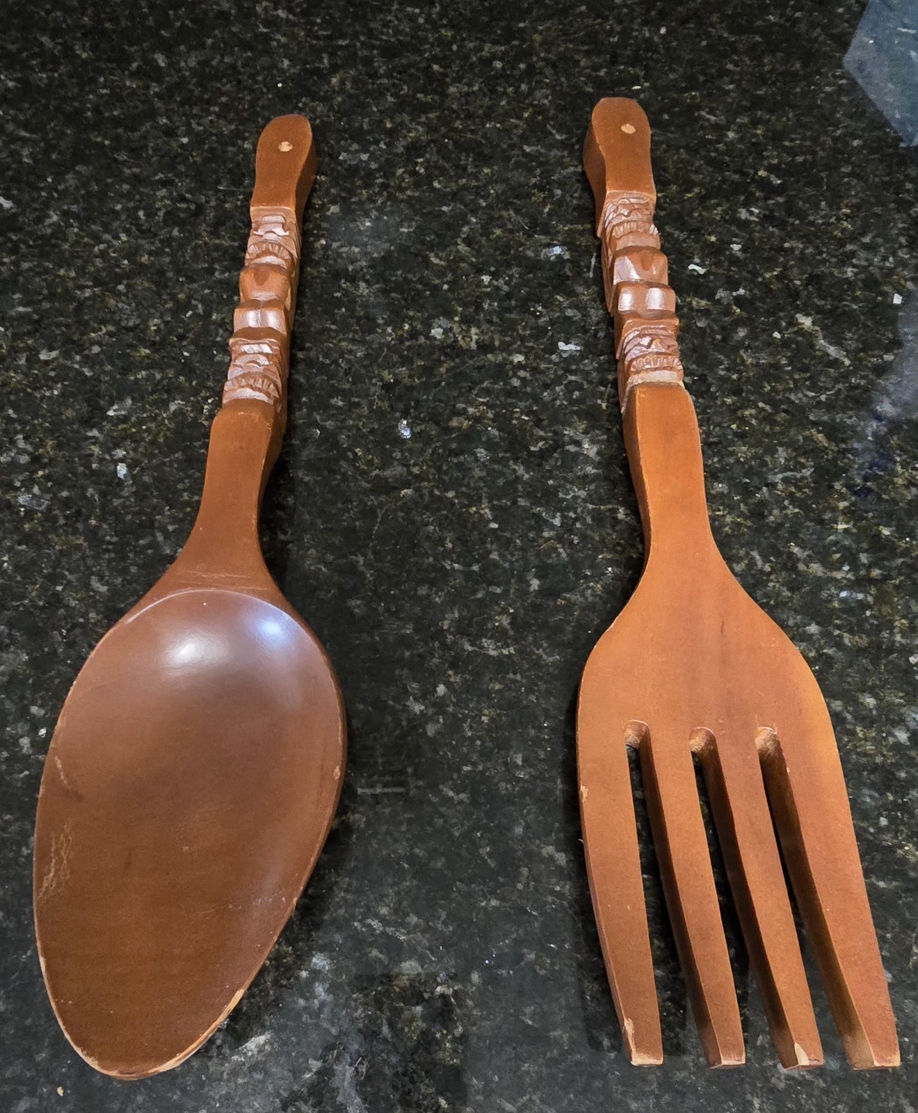MCM 1960\'s Wood 21.5” Spoon & Fork  w/ Tiki Carvings Handmade in Philippines 