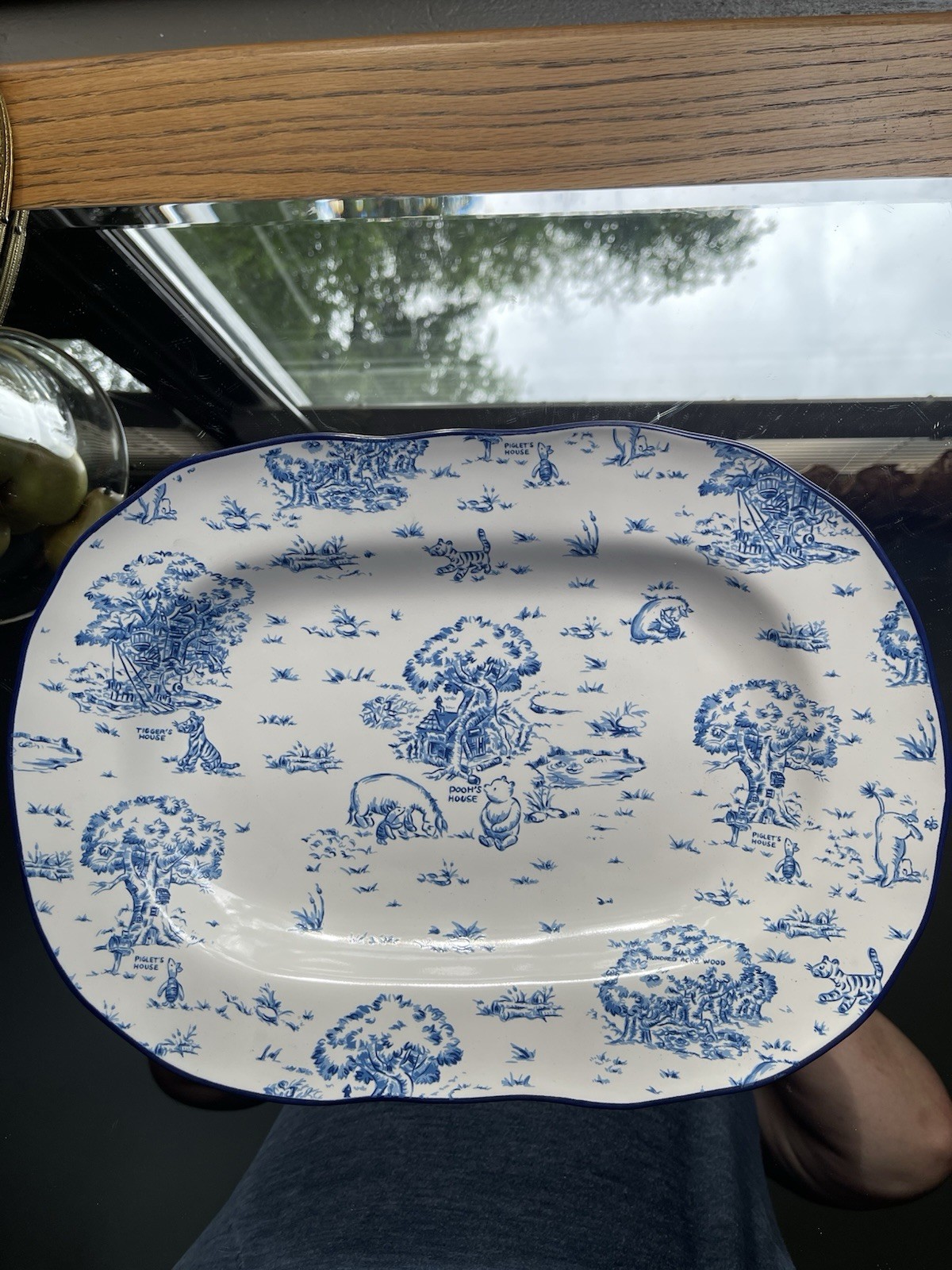 Classic Vintage Disney POOH Blue Toile Serving Oval Platter 14”X 10 Inch ~ RARE