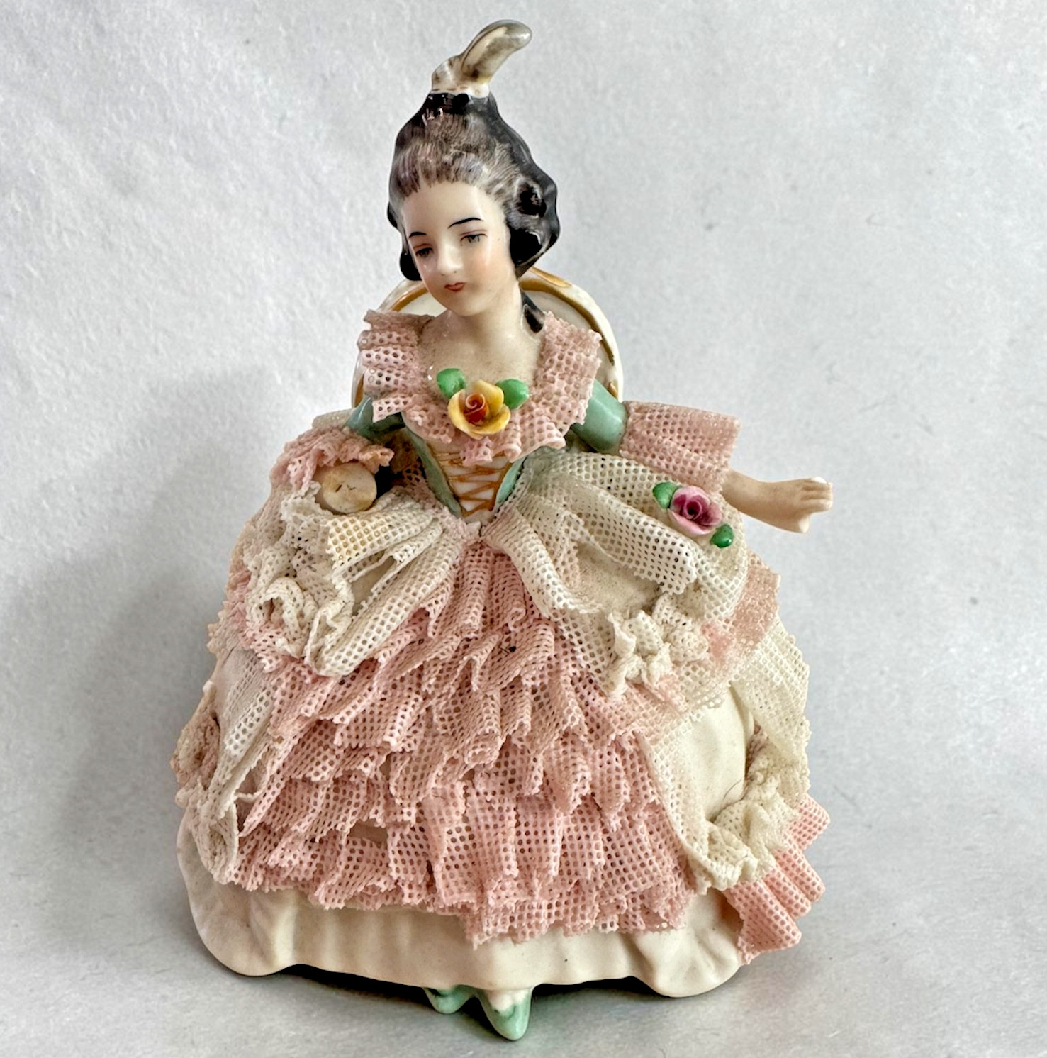 Vintage German Dresden Lace Porcelain Lady Figurine, Handgemalt, Crown Mark, #29