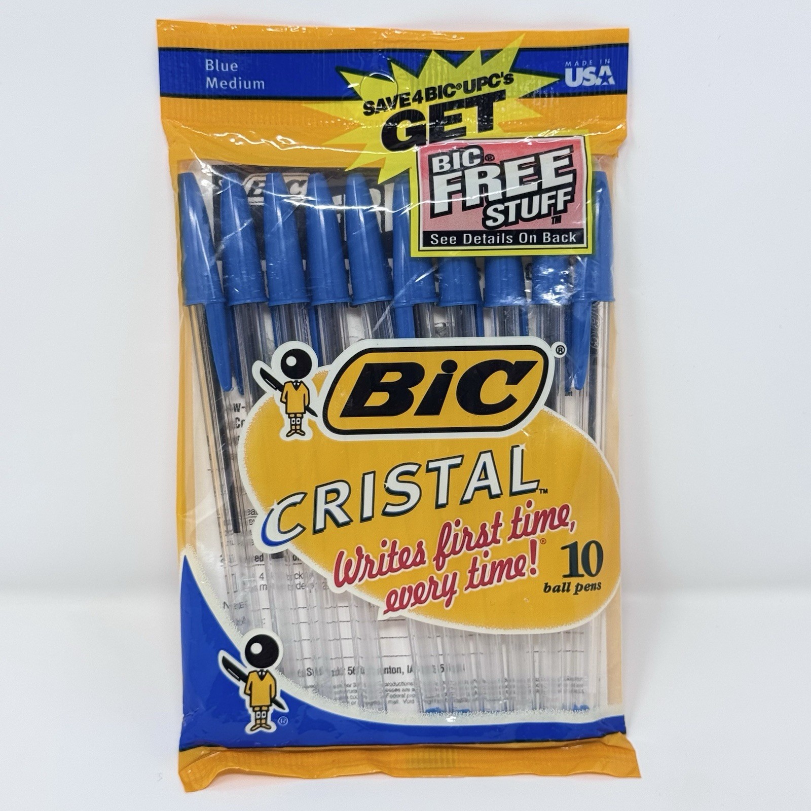 VTG NOS 1990’s BIC Cristal Blue 10 Ball Pens Made In USA MEDIUM Ballpoint New